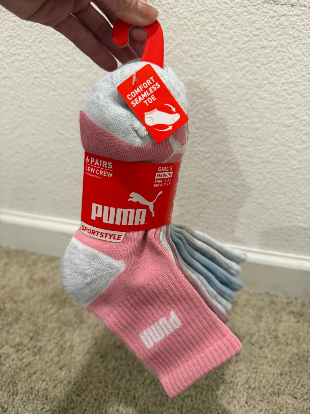 “New” PUMA Girls' 6-Pack Low Crew Socks sizeM9-3.5